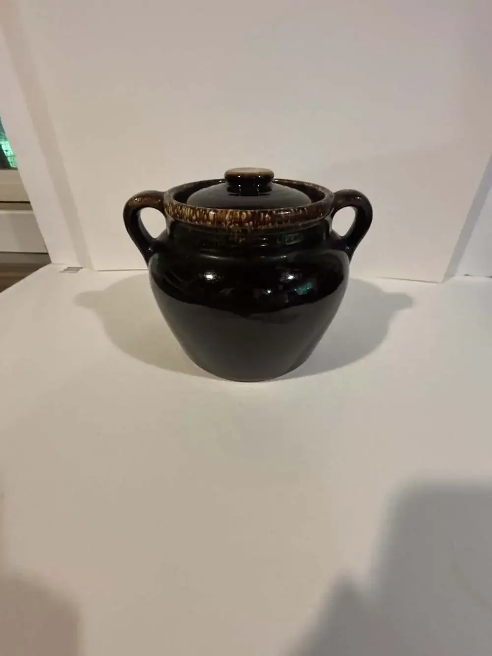 Vintage USA Brown Drip Glaze Stoneware Bean Pot with Lid
